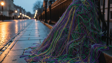 An extreme wide, cinematic photograph capturing the immediate aftermath of a massive carnival paradeの素材