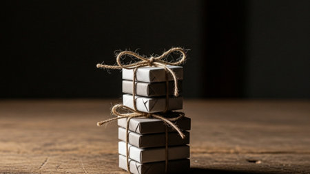An extremely wide, cinematic 16:9 shot of a single, small stack of minimalist wrapped gifts. The gifの素材