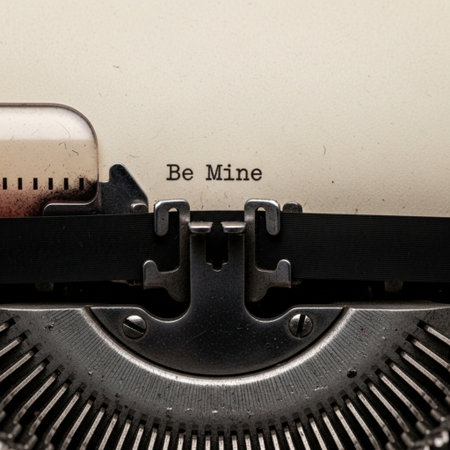 A HERO DETAIL shot, centered and tightly framed, showing the precise moment the text 'Be Mine' is viの素材