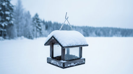A quiet, cinematic winter panorama utilizing an EXTREME WIDE SHOT (16:9). The scene emphasizes the sの素材