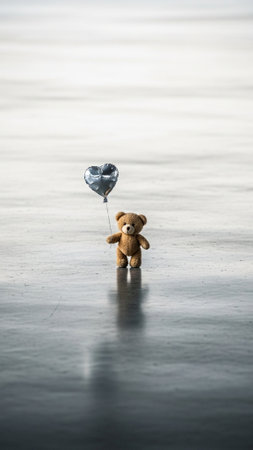 An editorial image capturing a tiny, centered plush teddy bear holding a miniature foil balloon. Theの素材