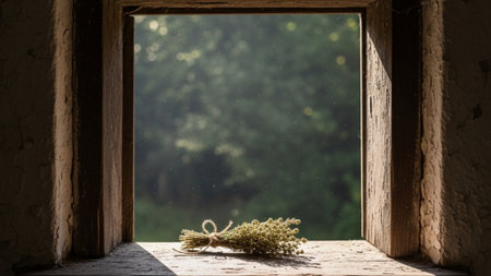 A meticulously composed extreme wide shot (16:9 ultrawide) of a spacious, airy, rustic interior. Theの素材