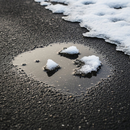 An extreme, tightly framed close-up capturing a small, perfectly still puddle centered on rough, darの素材