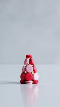 A striking vertical, tall 9:16 composition where a tiny, intricate macaron tower (pink, red, white)の素材