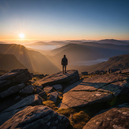 Man standing on the top of the mountain and looking at the sunriseの素材