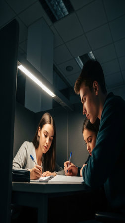 father helping his daughter to do homework at night in the office.の素材