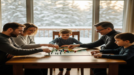 Happy family playing board games at home in winter. Mother, father, son and daughter spend time together.の素材