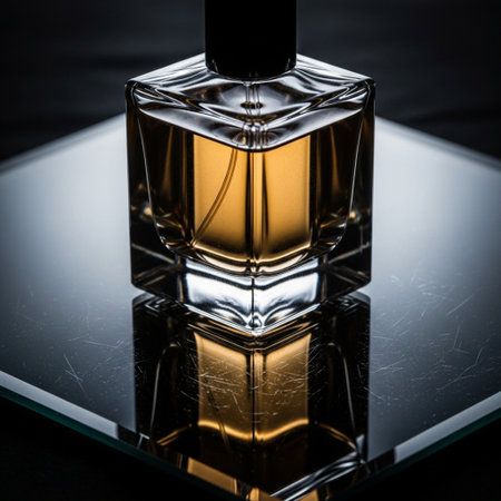 Perfume bottle on black background. Shallow depth of fieldの素材