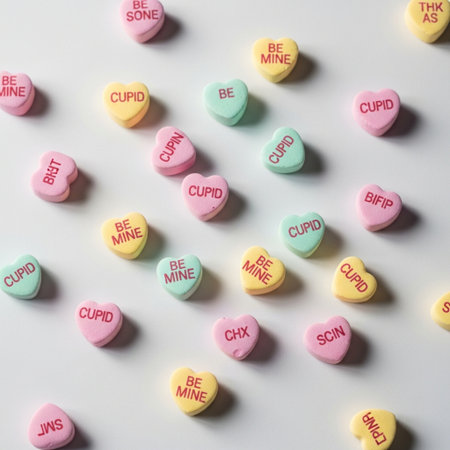 Colorful heart shaped candies for Valentine's Day on white backgroundの素材