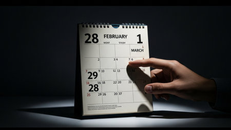 Close up of businesswoman hand holding calendar with February 28 date on dark backgroundの素材
