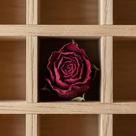 Red rose in a wooden box. Close-up. Selective focus.の素材