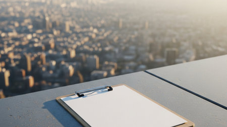 Blank clipboard on wooden table with city view background. Mock upの素材
