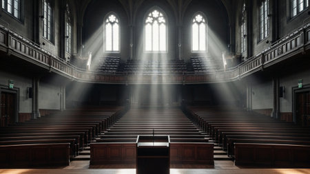 interior of a church with rays of light coming through the windowsの素材