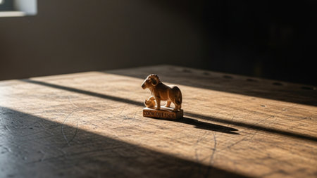 Miniature wooden toy dog on a wooden table with light and shadowの素材
