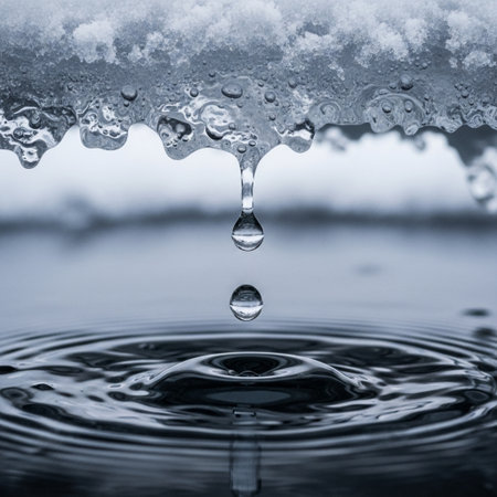 Cinematic close-up, 1:1 square composition, centered focus on the kinetic energy of thaw. The imageの素材