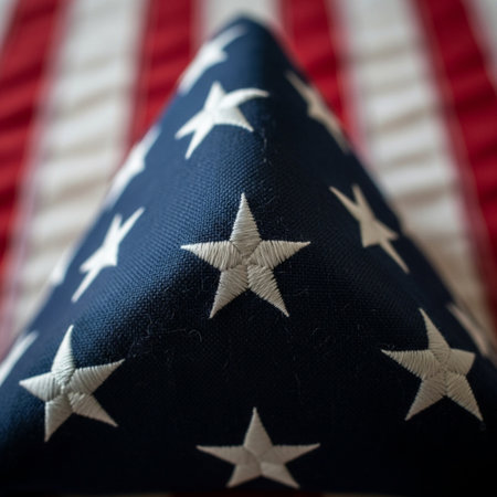 A hyper-detailed, symmetrical medium shot capturing the apex of a flag folded in the traditional triの素材