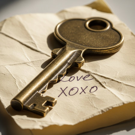 An extremely tight, centered close-up shot capturing a vintage brass skeleton key positioned symmetrの素材