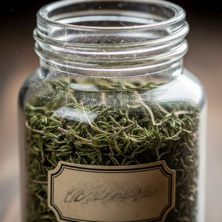 A hero detail shot of a single, centered apothecary jar containing intensely dried winter thyme, empの素材