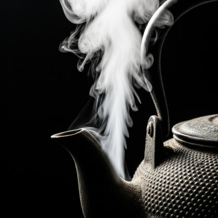 Tightly framed, centered, 1:1 composition of the heavy, textured spout of a vintage black cast-ironの素材