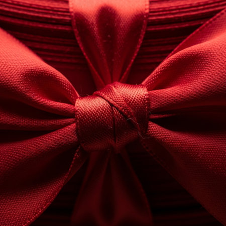 A tight, centered square photograph capturing the exact moment the loops of a perfect red satin bowの素材