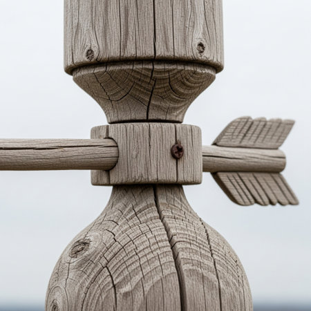 HERO DETAIL: A square (1:1) composition focusing intimately on the cracked, weathered wooden shaft oの素材