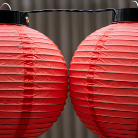 A hero detail shot featuring the fragile skin and structure of traditional red paper lanterns. The sの素材