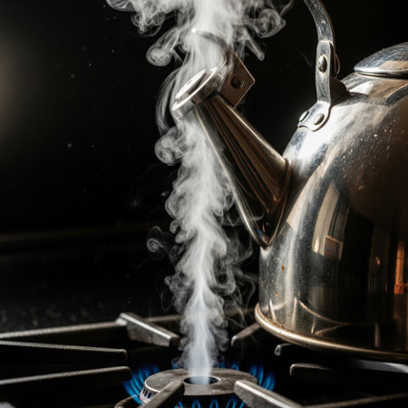 HERO DETAIL: A tightly framed, centered, square close-up of the kettle's stainless steel spout releaの素材