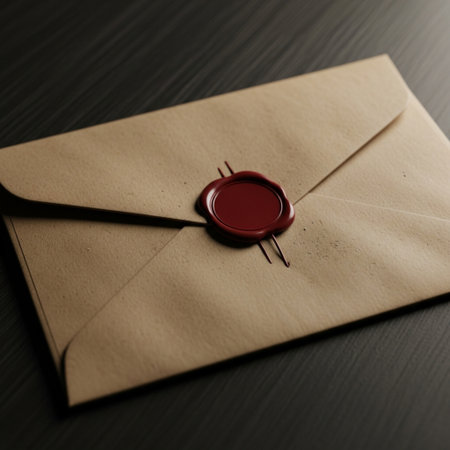 A focused, symmetrical square close-up of a rustic, textured brown paper envelope, centrally sealedの素材