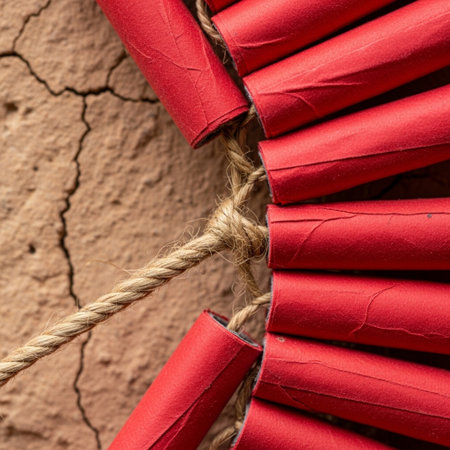 A hero detail shot capturing the intricate texture and color contrast of tightly coiled red firecracの素材