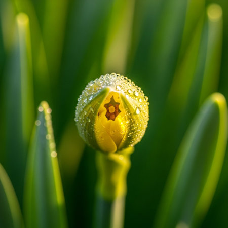 Hero detail shot of a single daffodil bud (Narcissus) emerging, centered in a symmetrical square fraの素材