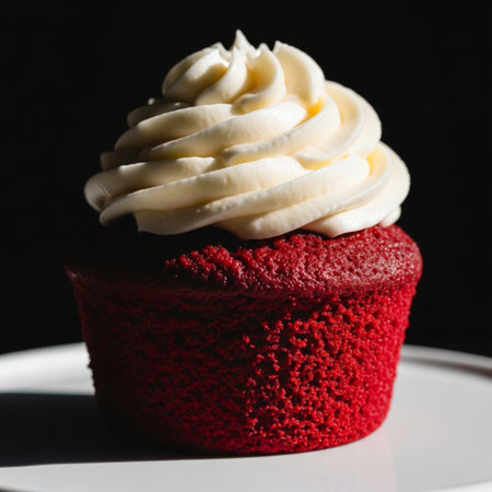 Hero detail shot of a single red velvet cupcake. The camera is positioned directly above and slightlの素材