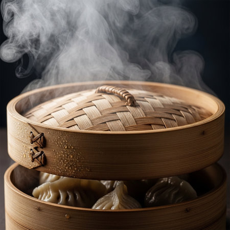 A tightly framed, high-detail cinematic shot centered on the porous lid of a wooden bamboo steamer.の素材