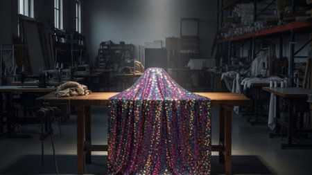 A cinematic environmental wide shot showing a theatrical costume workshop at night. The main subjectの素材