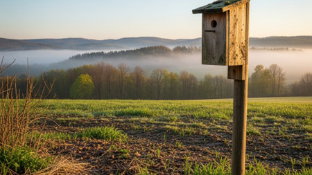 Expansive cinematic wide shot (16:9) of an empty, rustic wooden birdhouse standing mounted on a poleの素材