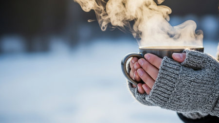 Female hands holding a cup of hot coffee in winter. Close up.の素材