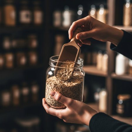 cropped shot of woman holding wooden scoop in glass jar with grainsの素材