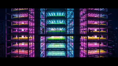 Night view of a modern building with neon lights, Shenzhen, Chinaの素材