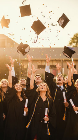 Group of happy students throwing graduation caps in the air at the universityの素材