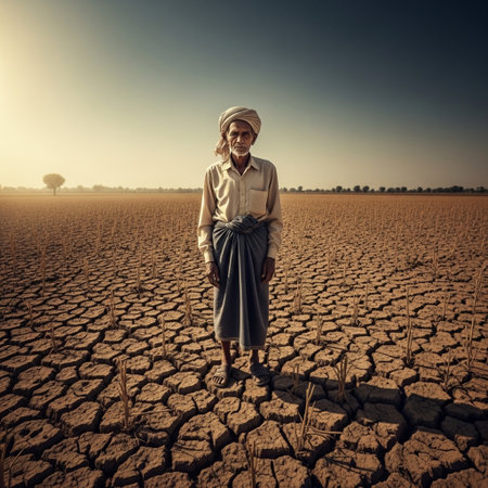 Indian farmer standing in dry arid land. Concept of drought and climate change.の素材
