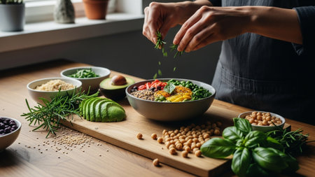 Close-up of female hands adding fresh basil leaves to bowl with quinoa, avocado and chickpeas on wooden tableの素材