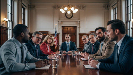 Group of multiethnic businesspeople sitting at table during meeting in conference roomの素材