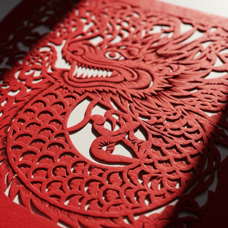 Square composition (1:1). Hero detail shot of a decorative paper cutting. Close-up on the precise, gの素材