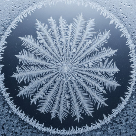 A cinematic close-up, centered on a stunning, complex rosette of ice crystals--a 'frost flower'--formeの素材