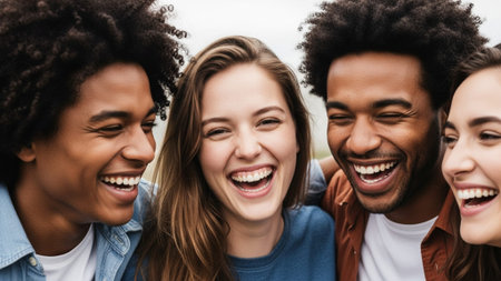 multiethnic friends laughing and looking at camera together on blurred backgroundの素材