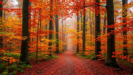 Autumn forest. Path in the autumn forest with colorful leaves.の素材