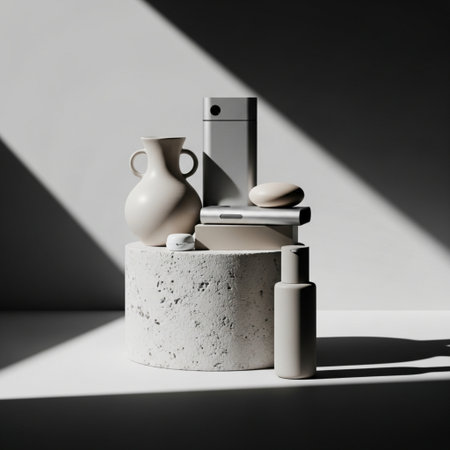 Ceramic vase and cosmetics on concrete podium in sunlight.の素材
