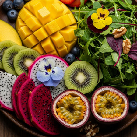 Healthy fruit salad with mango, kiwi, dragon fruit and arugulaの素材