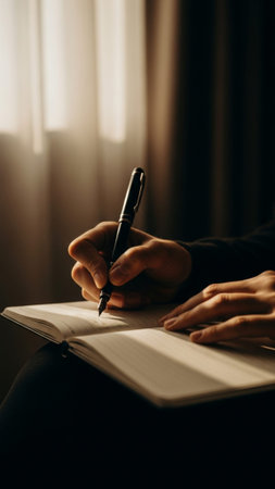 Cropped image of woman writing in notebook while sitting on sofa at homeの素材