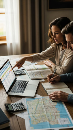 Image of two young business people using laptop and documents while working in office.の素材
