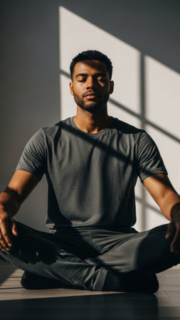 young african american man sitting in lotus pose and looking at cameraの素材